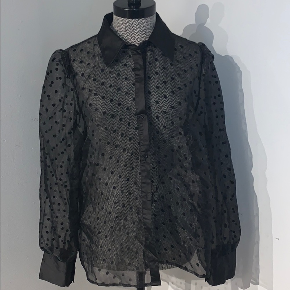 Sheer Black Button Down w/ Polka Dot